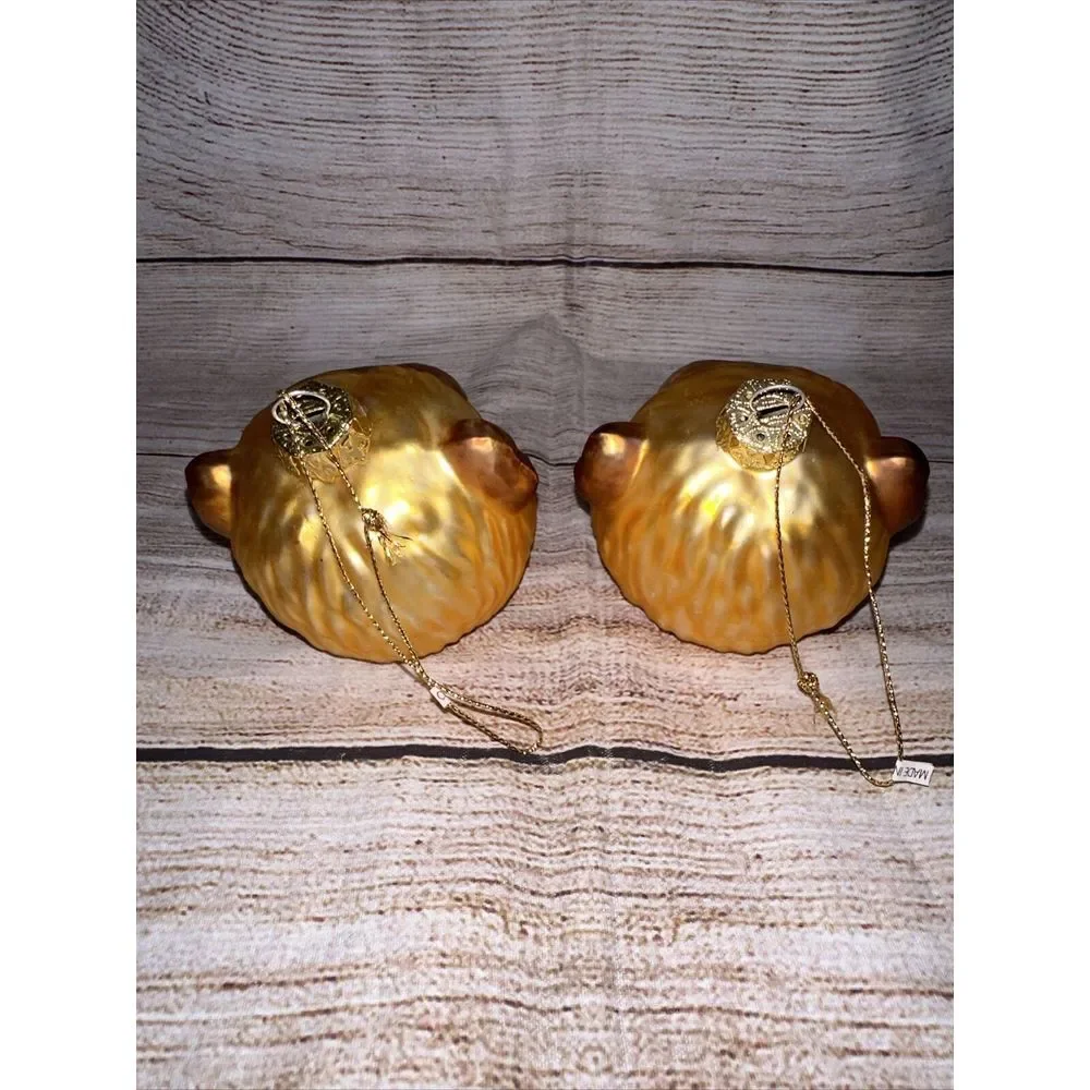 Set of 2 Monkey Head Glass Christmas Ornaments‎ Gold Safari Jungle Chimpanzee